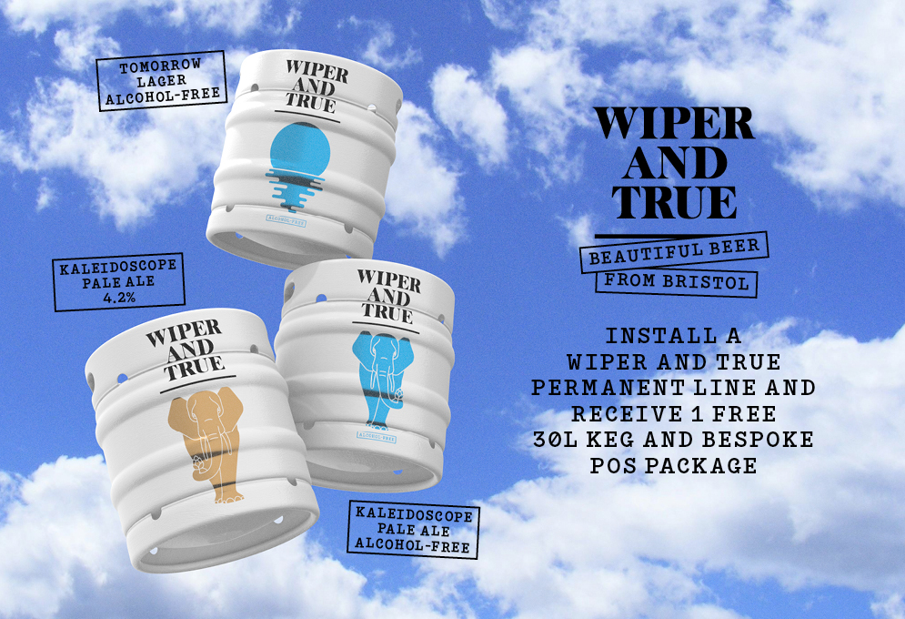 Wiper & true available at Inn Express. Steel Kegs in the air with a blue sky in the background 